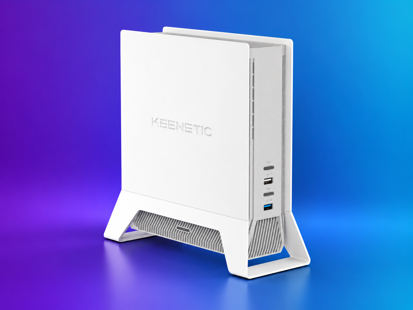 White standing router on blue and purple background.