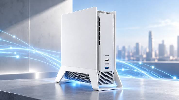 Sleek white computer server on a cityscape roof.