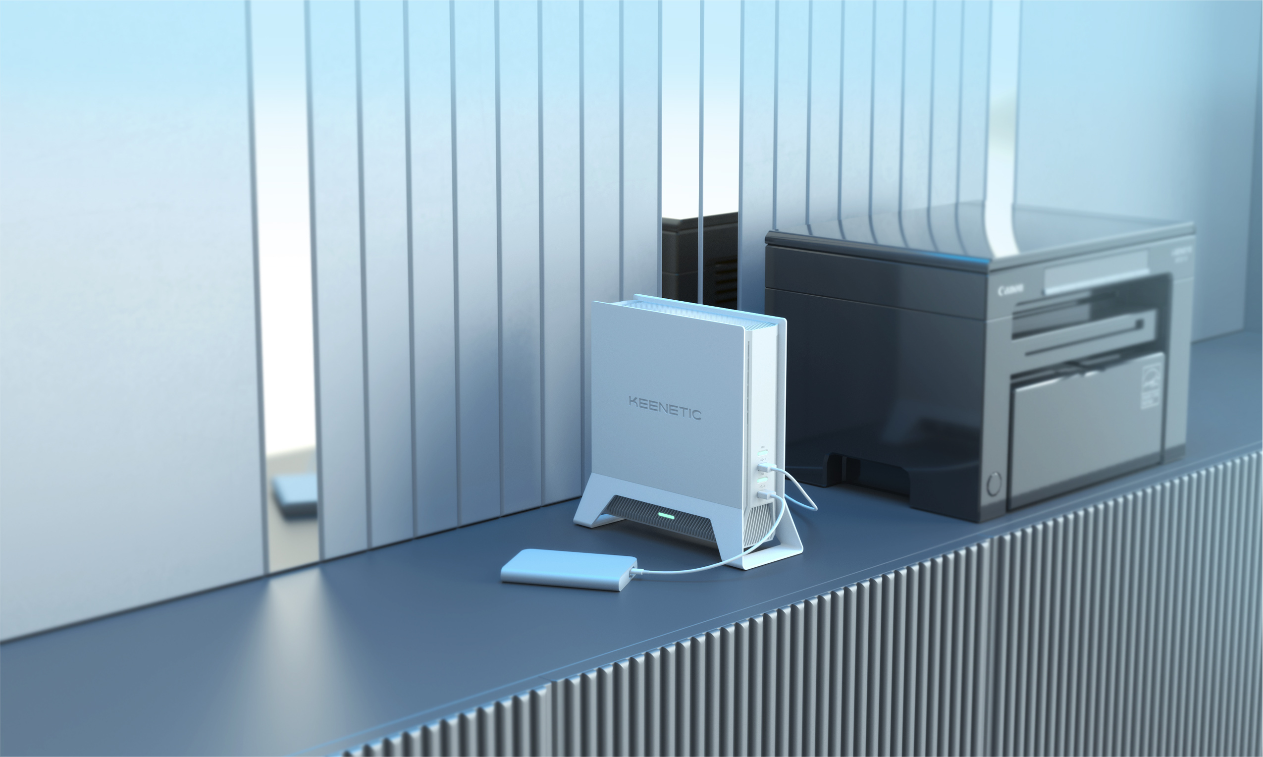 White router beside a printer on a table.
